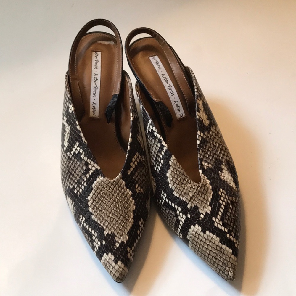 & other stories brow & tan snake print open back kitten heels with straps